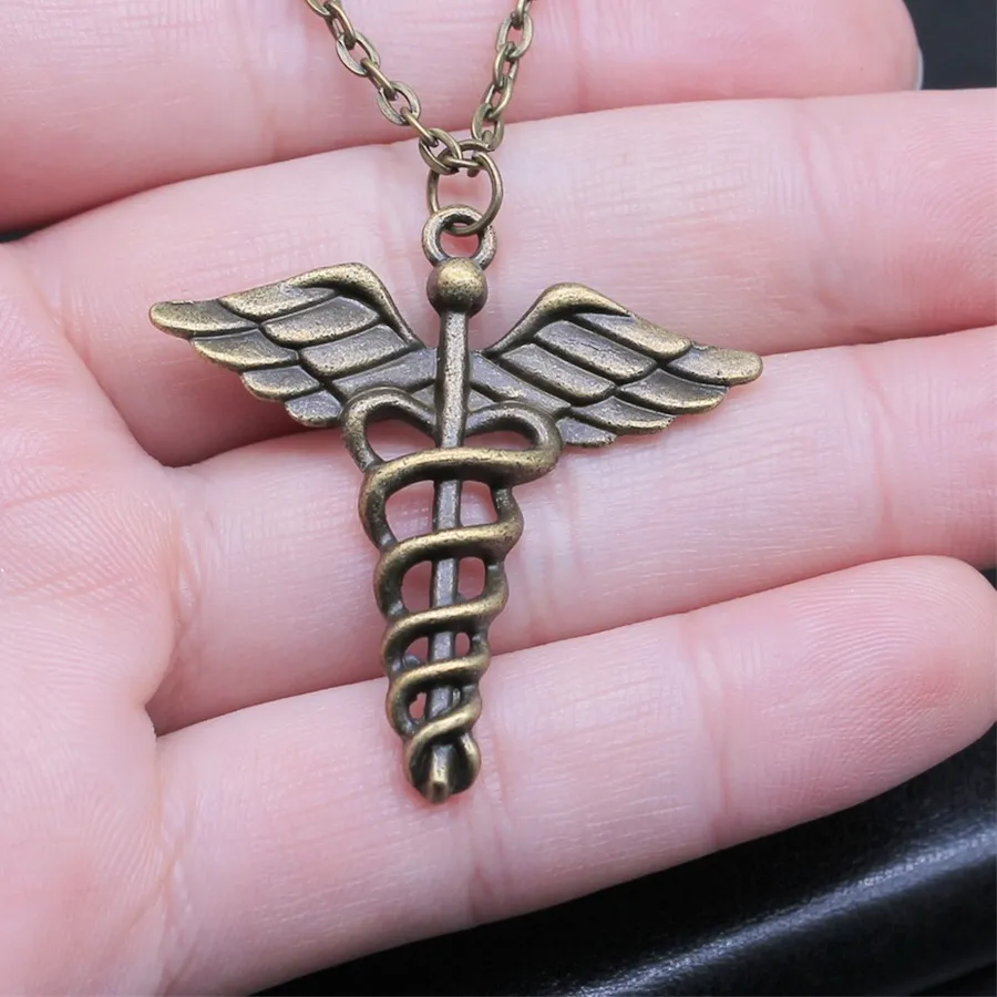 Authentic Antique Bronze Color 40x40mm Caduceus Medical Symbol Pendant Necklace For Women