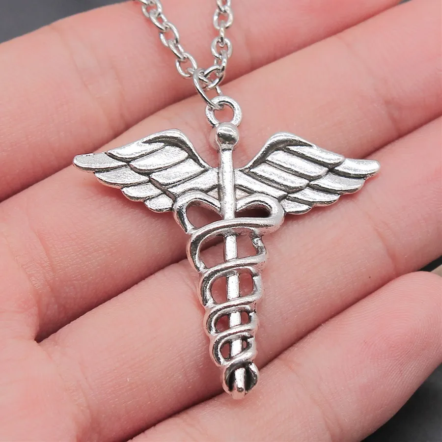 Authentic Vintage Antique Silver Plated 40x40mm Caduceus Medical Symbol Pendant Necklace For Women Men Long Chain Jewelry Accessories