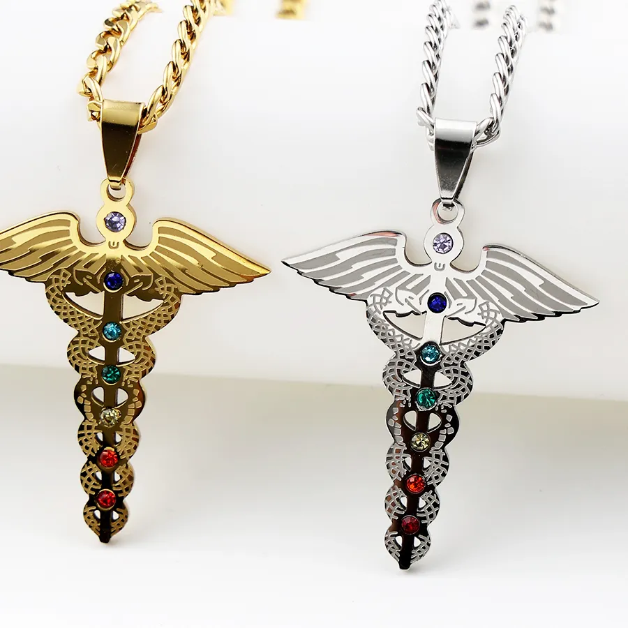 Authentic Celestial Caduceus Chakra Amulet – Winged Healing Pendant with 7‑Chakra Radiance