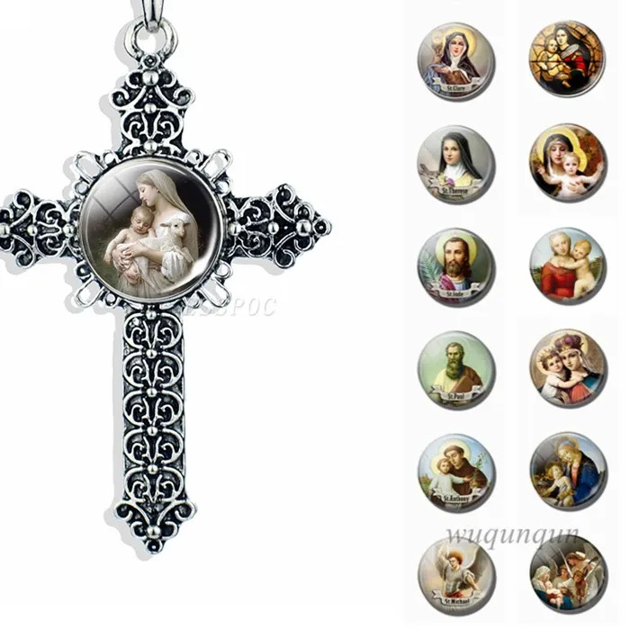 Authentic Son of God Jesus Cross Necklace Glass Cabochon Jewelry Angel Christian Virgin Mary Paw Prints Pendant Women Gifts