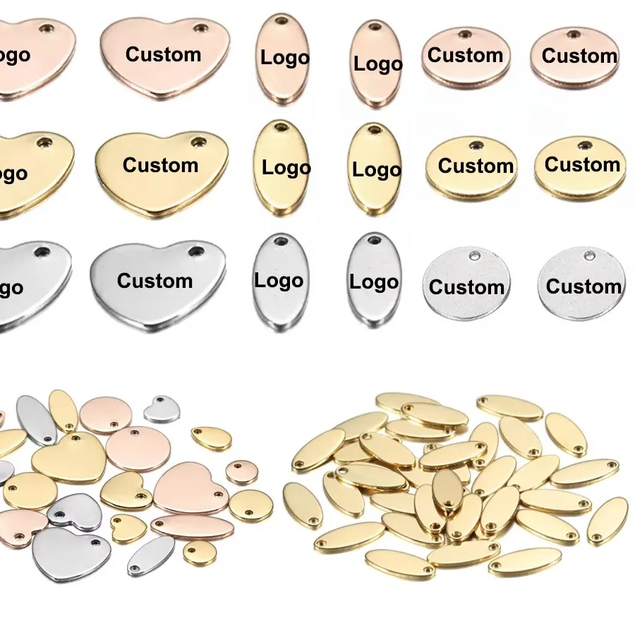 Authentic 100pcs/lot Custom Laser Engrave LOGO Charm Heart-Shaped Round Oval Blank Pendant Dog Tag For DIY Jewelry Making
