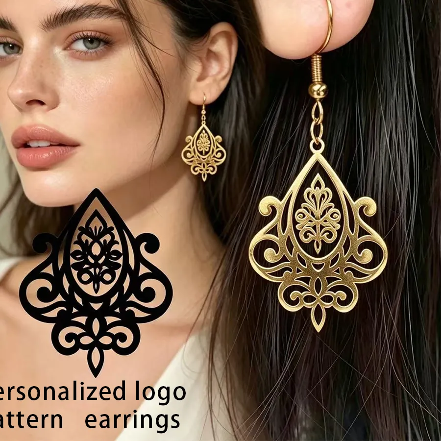 Authentic Custom Personalized Logo Hollow Teardrop Dangle Earrings Retro Scroll Pattern Gold Ear Hook Elegant Women Party Daily Jewelry