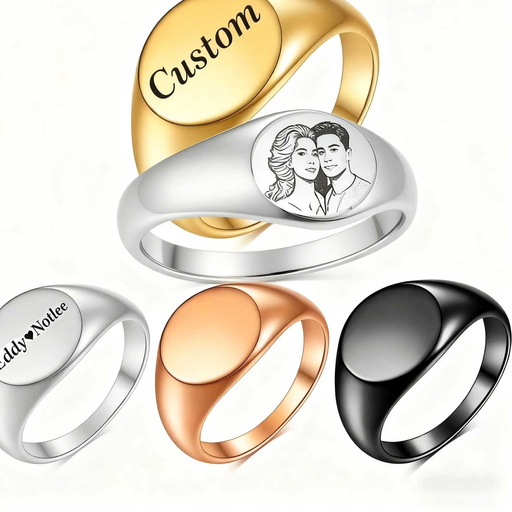 Authentic Custom Engraved Picture Logo Name Heart Round Rings for Man Woman Wedding Rings Personalized Photo Jewelry Gifts