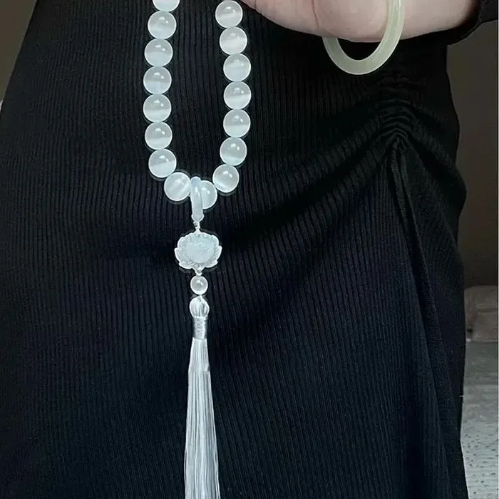 Authentic Cat 'S- Eye Stone 12Mm Beads Lotus Tassel Bracelet Necklace Tibetan Buddhist Mala Buddha Rosary Yoga Woman Jewelry
