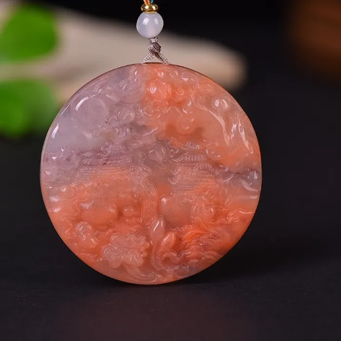 Authentic Exquisite Peach Blossom Stuffed Round Landscape Pendant
