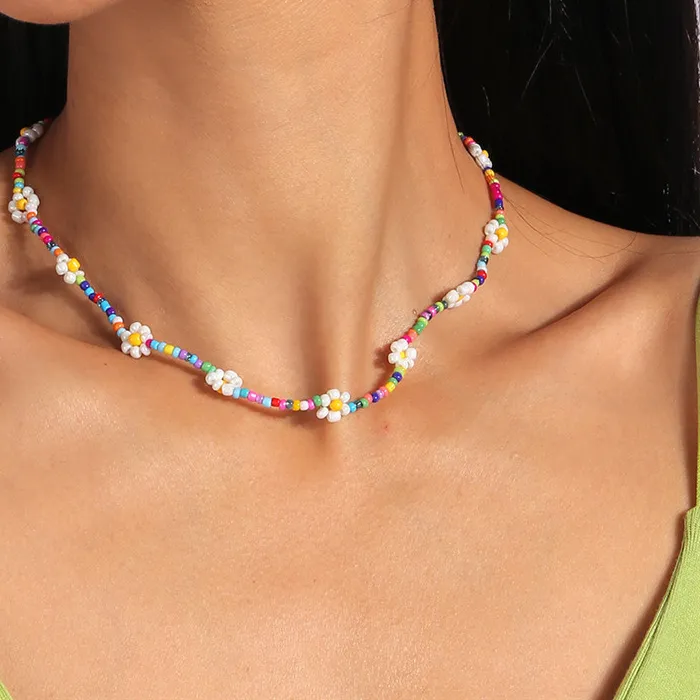 Authentic Aihua Bohemia Colorful Seed Bead Flowers Necklace For Women Kids Friendship Necklace Ethnic Beach Party Gifts