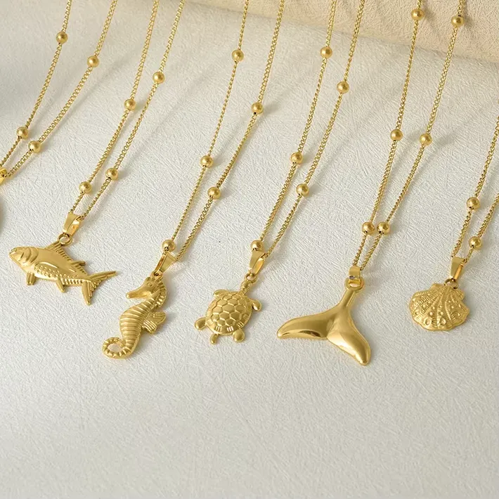 Authentic 1Pc Temperament Summer Beach Blue Marine Life Sea Horse Shell Turtle Mini Fish Bead Necklace Classic Clavicle Chain