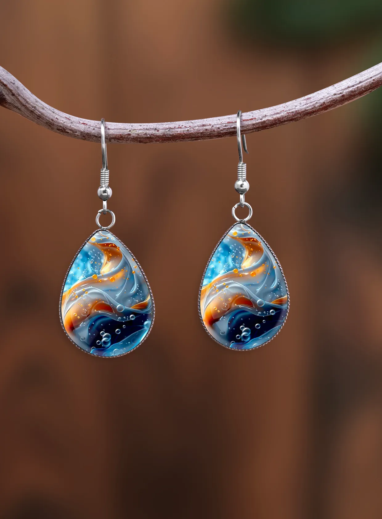 Authentic 1 Pair of Vibrant and Colorful Landscape and Sea Water Pattern Earrings with Convex Glass and 316 Water Drop Ear Hooks, in a Retro and Simple Style Suitable for Women for Daily -Giving and Wearing, Jewelry Earrings in an Elegant and Simple Style Suitable for Women for Everyday and Vacation Wear