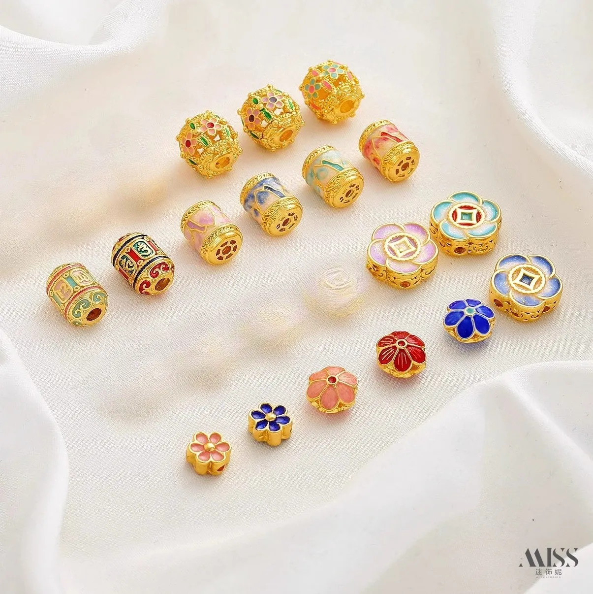 Authentic 18K Gold Plated Cloisonne Enamel, Thousand Miles Landscape, Six Words Mantra, Daisy Spacer Beads, DIY Jewelry Accessories
