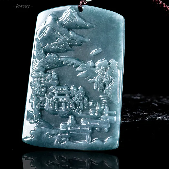 Authentic Natural Jadeite Blue Water Landscape Pendant Premium Fashionable Glutinous Rice Variety Jadeite Necklace Unisex Festive Gift