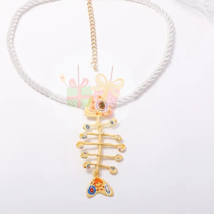 Authentic Boho Fish Bone Pendant Necklace Hand Woven Rope Alloy Printed Hypoallergenic Neck Jewelry for Beach Party Accessory