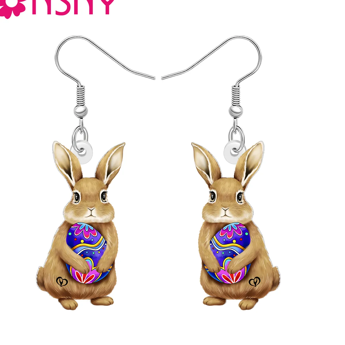 Authentic BONSNY Acrylic Easter Eggs Bunny Dangle Earrings Kawaii Rabbit Animals Easter Gifts Spring Holiday Jewelry For Women Girls Charm