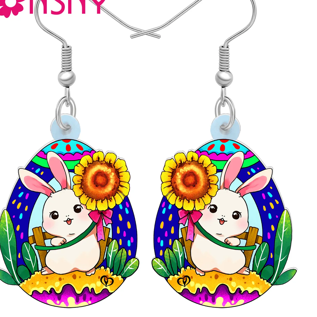 Authentic BONSNY Acrylic Easter Eggs Bunny Drop Earrings Sunflower Rabbit Animal Lovers Gifts Spring Holiday Jewelry For Women Girls Charm