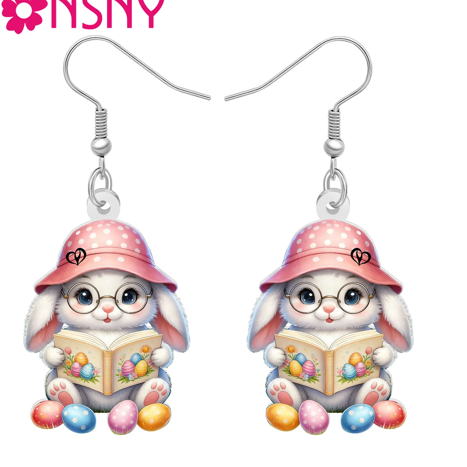Authentic BONSNY Acrylic Easter Eggs Bunny Earrings Reading Rabbit Animals Spring Holiday Jewelry Book Lovers Gifts For Women Readers