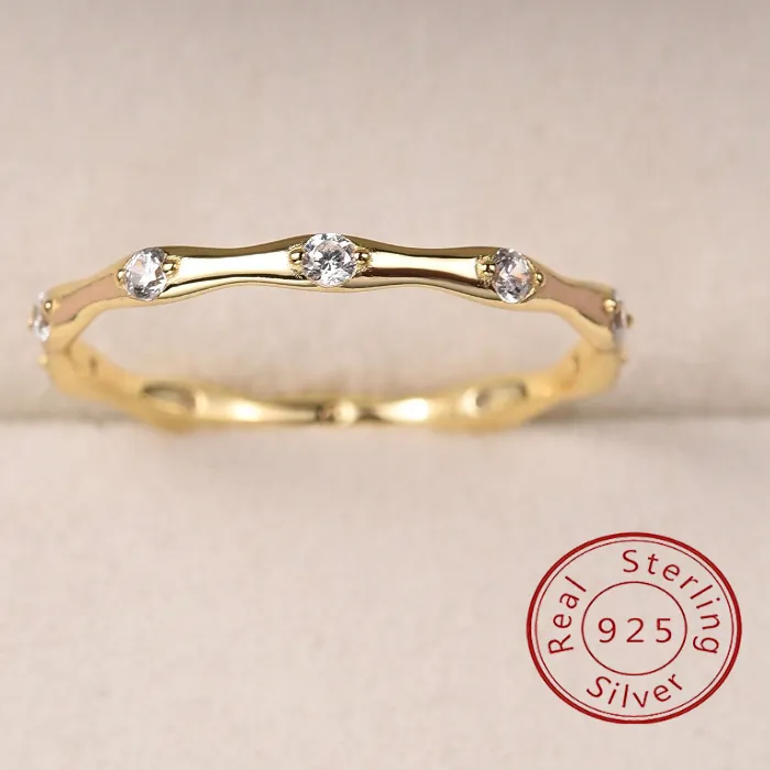 Authentic 925 Sterling Silver Zircon Personalized Bamboo Ring Anniversary Fine Jewelry