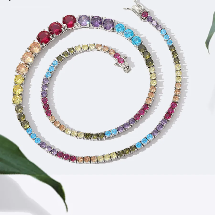 Authentic YLMyself Rainbow Tennis Necklace Gradient 3-7MM CZ Round Stone Choker For Women Men Luxury Party Jewelry 16/18 Inch