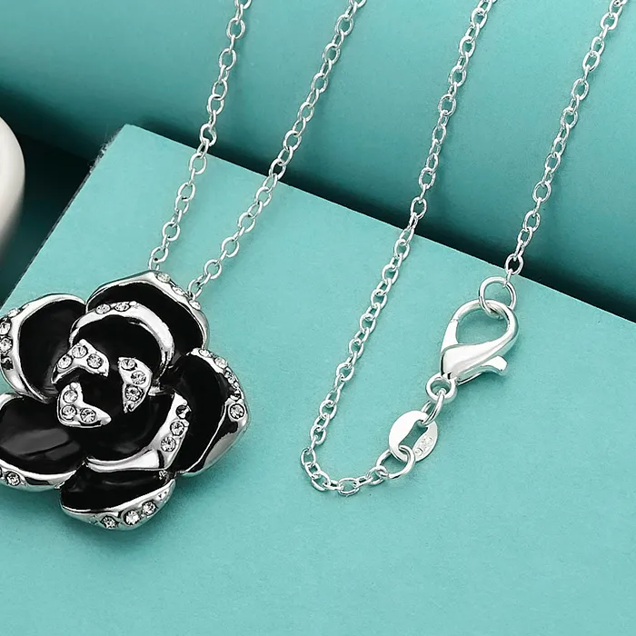 Authentic 925 Sterling Silver Black Rose Flower 16/18/20/22/24/26/28/30 Inch Pendant Necklace For Women Party Fashion Jewelry