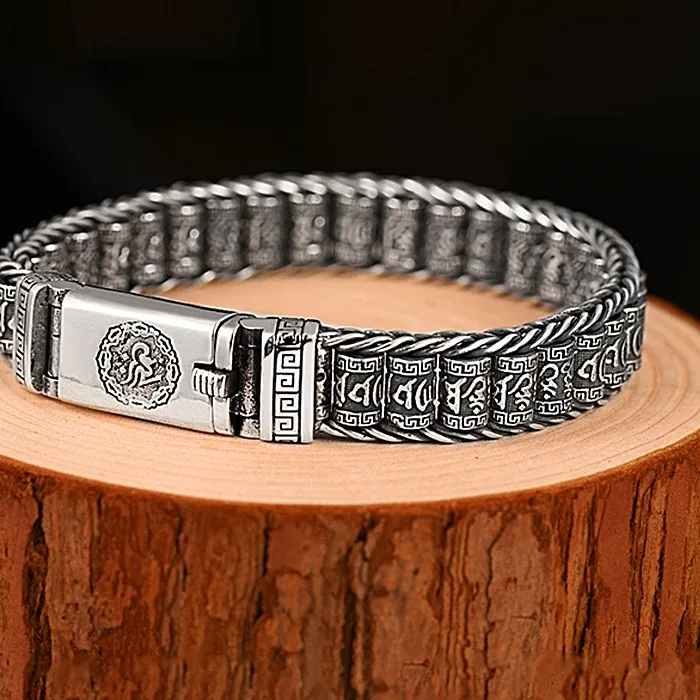 Authentic Buddhastone Silver Color New Passepartout Men's Bracelet Six-character Mantra Weaving Retro Chain Hand Jewelry