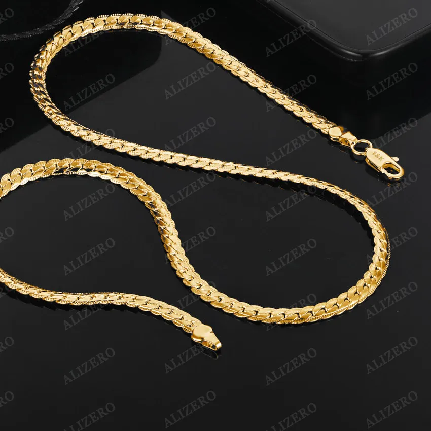 Authentic ALIZERO 18K Gold 6mm Flat Side Chain Necklaces 16/18/20/22/24 Inches Man Women Fine Jewelry Wholesale Personality Trend Necklace