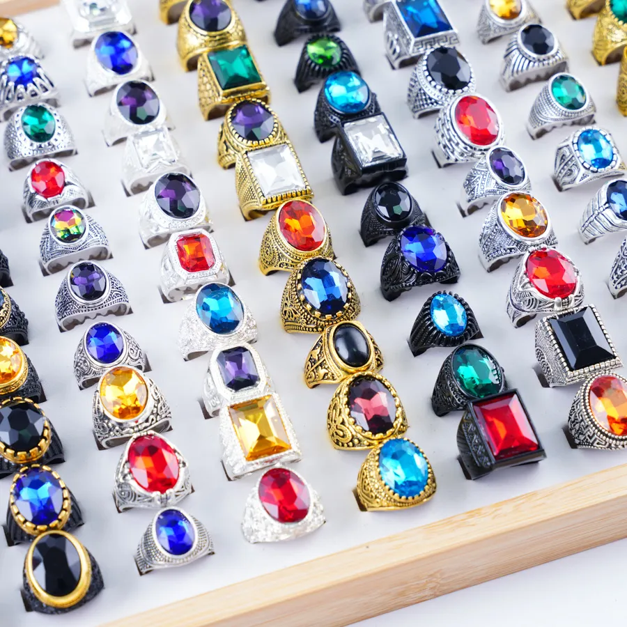 Authentic 20Pcs/Lot Retro Mix Style Glass Square Oval Shape Rings for Men Women Vintage Jewelry Accessories Party Gifts