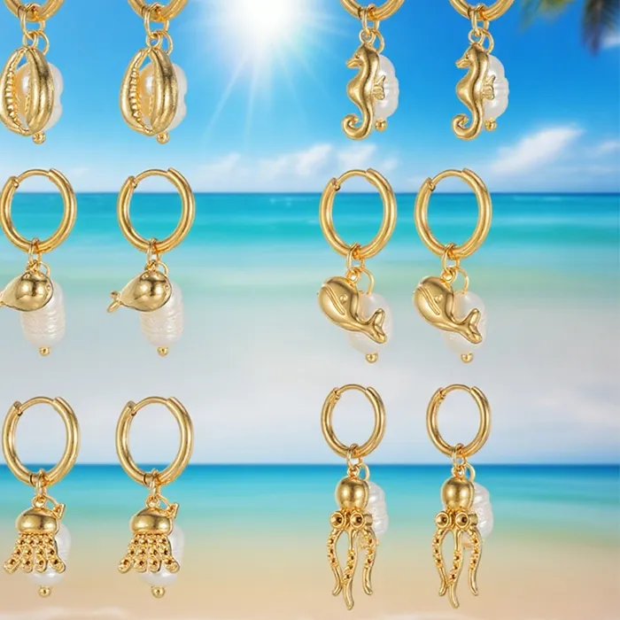 Authentic Gold Plated Shell Octopus Whale Dolphin Pearl Pendant Hoop Earrings For Women Ocean Beach Jewelry Vacation Gifts