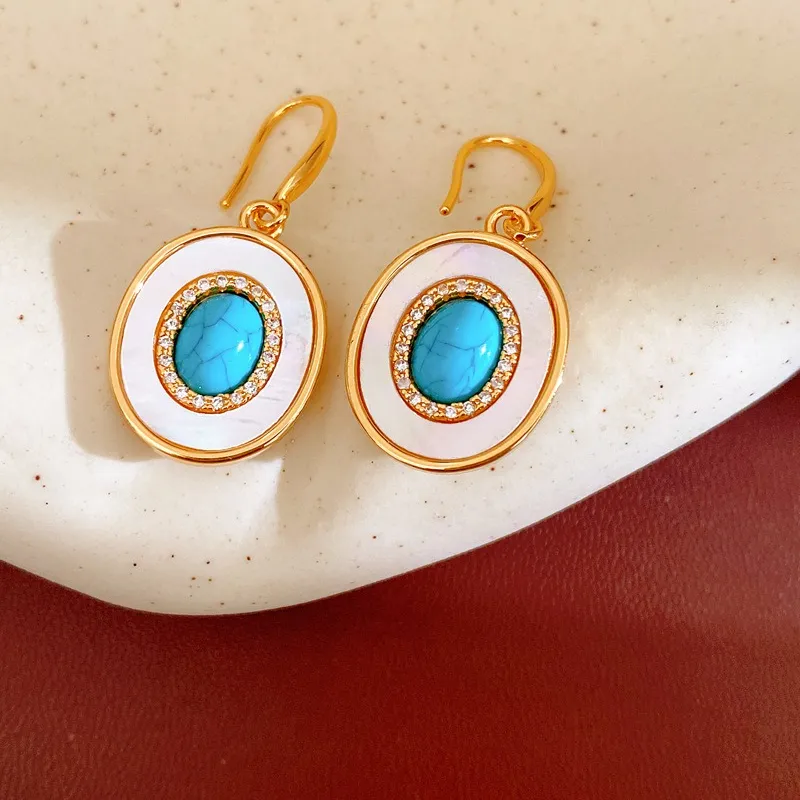 Authentic 18k Gold Plated Turquoise Color Oval Dangle Earrings for Women Retro Zircon Fritillary Ear Hooks Beach Daily Party Jewelry N
