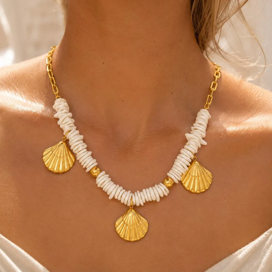 Authentic Seashell Pendant Necklace, 18K Gold Plated, Waterproof Summer Beach Ocean Paperclip Chain Choker