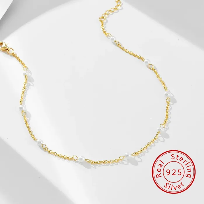 Authentic 925 Sterling Silver 14K Gold Rhodium Plated Shell Pearl Beaded Thin Anklet Dainty Beach Fine Jewelry