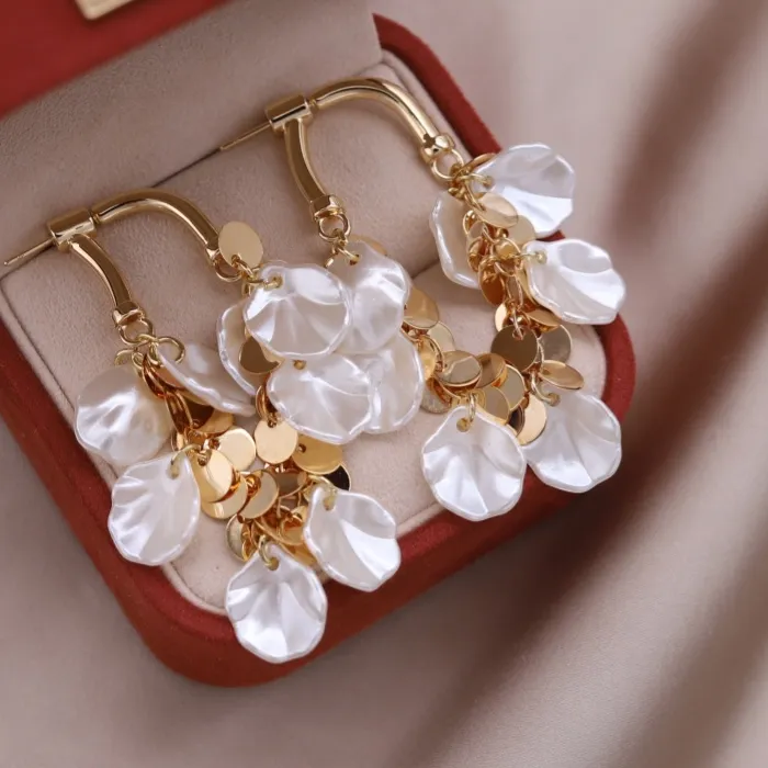 Authentic Korean Design Jewelry 14K Gold plated White Resin Shell Metal Sheet Earrings Elegant Women's Beach Party Accessories