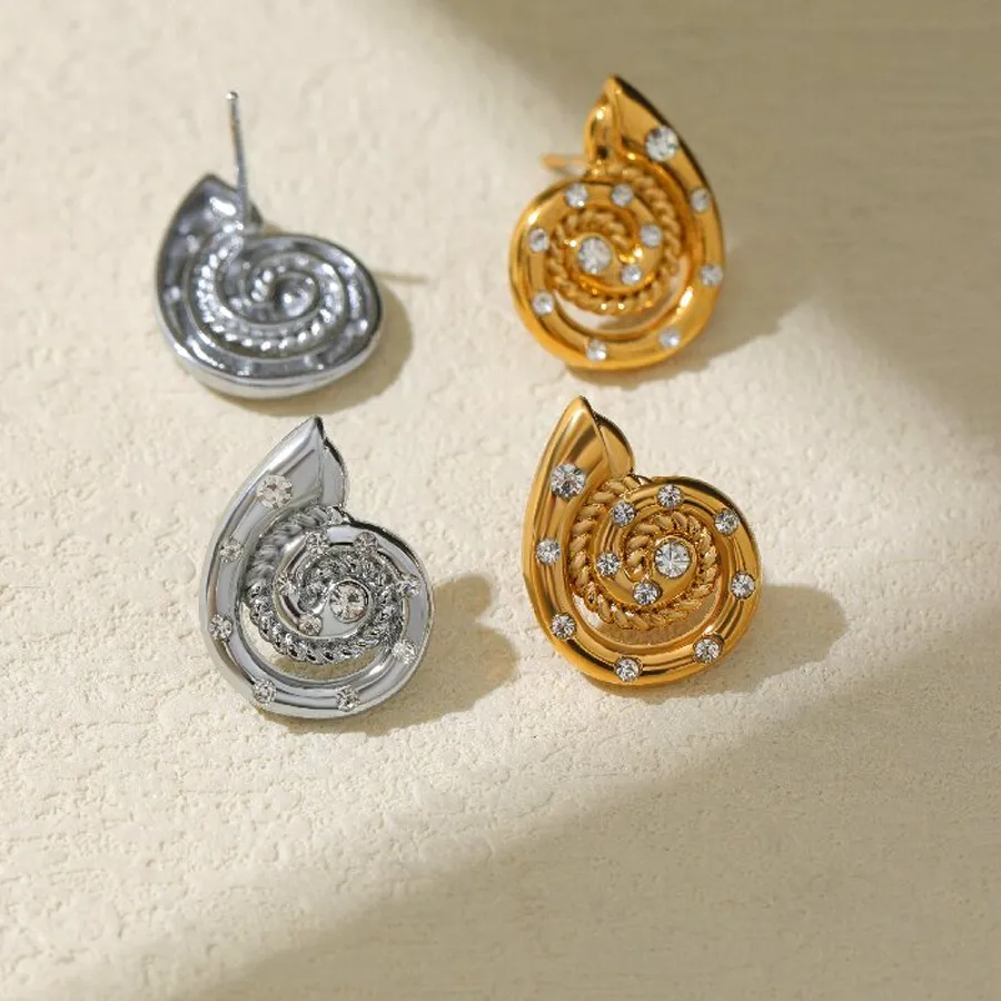 Authentic Retro 18K Gold Plated Seashell Shells Earrings Inlaid Cubic Zirconia Scallop Ear Stud Summer Beach Jewelry Accessories
