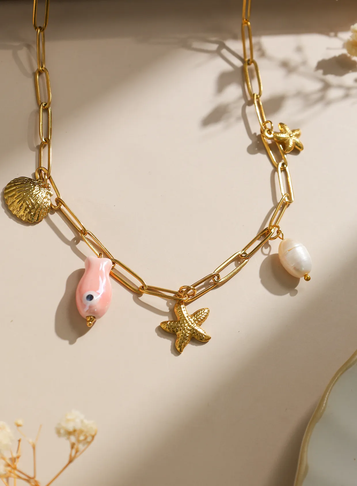 Authentic Women's Necklace Shell Natural Pearl Starfish Fish Necklace Bohemian Summer Ocean Beach 18K Gold Plated Unique