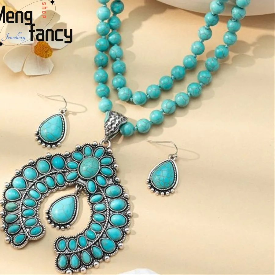 Authentic Three- Layer Flower Earrings, Turquoise Earrings, Western Style Exaggerated Turquoise Prayer Beads Necklace, Jewelry