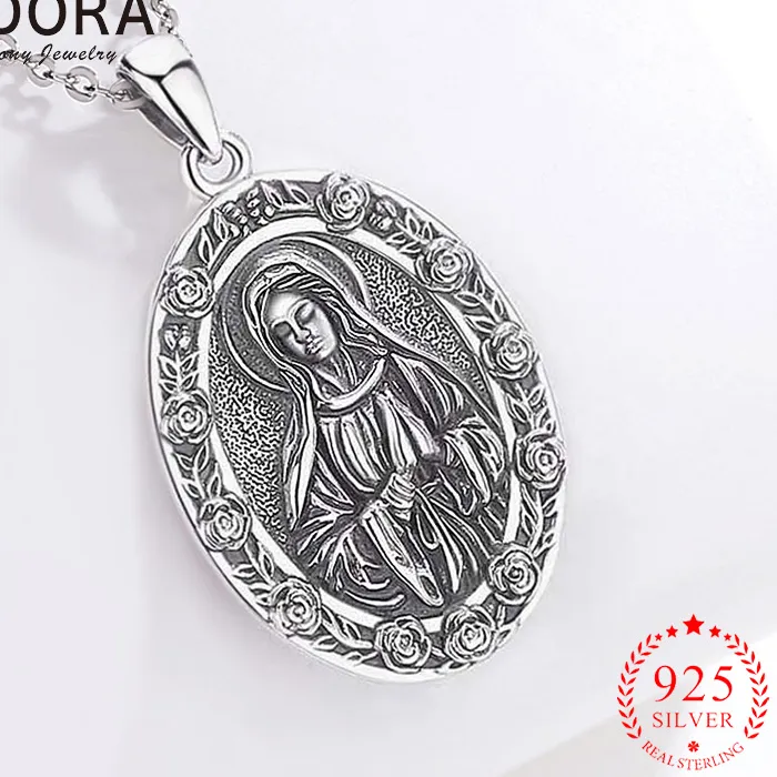 Authentic Eudora 925 Sterling Silver Virgin Mary Necklace Prayer Amulet Cross Pendant Christian Jewelry Vintage for Men Women