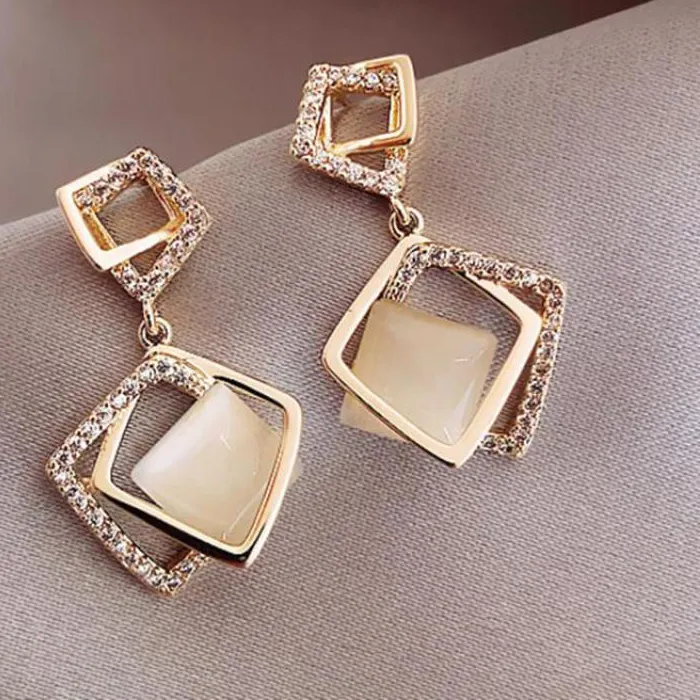 Authentic 925 Silver Needle Korean Rhombus Drop Earrings For Women Jewelry 2026 Trending Luxury Crystal Cat's Eye Stone Earrings