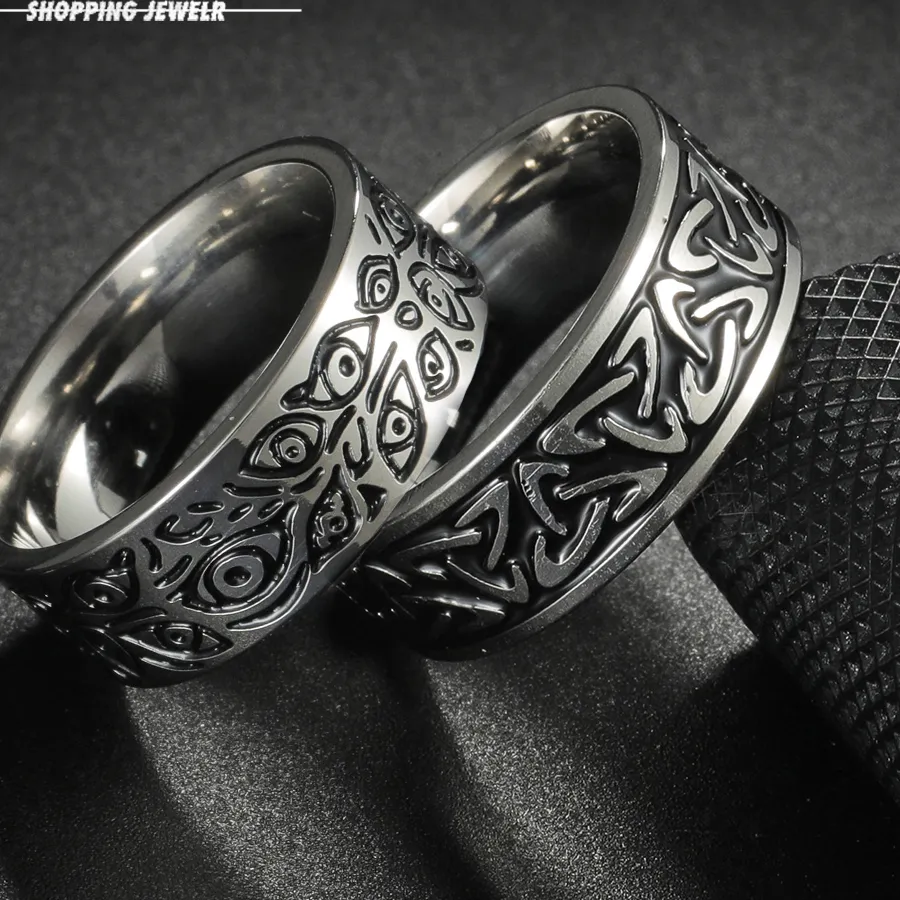 Authentic Retro Titanium Ring With Pattern Of Celtic Triangle Knot Demon Eye Old Tang Grass Pattern Men's Women Ring Jewelry