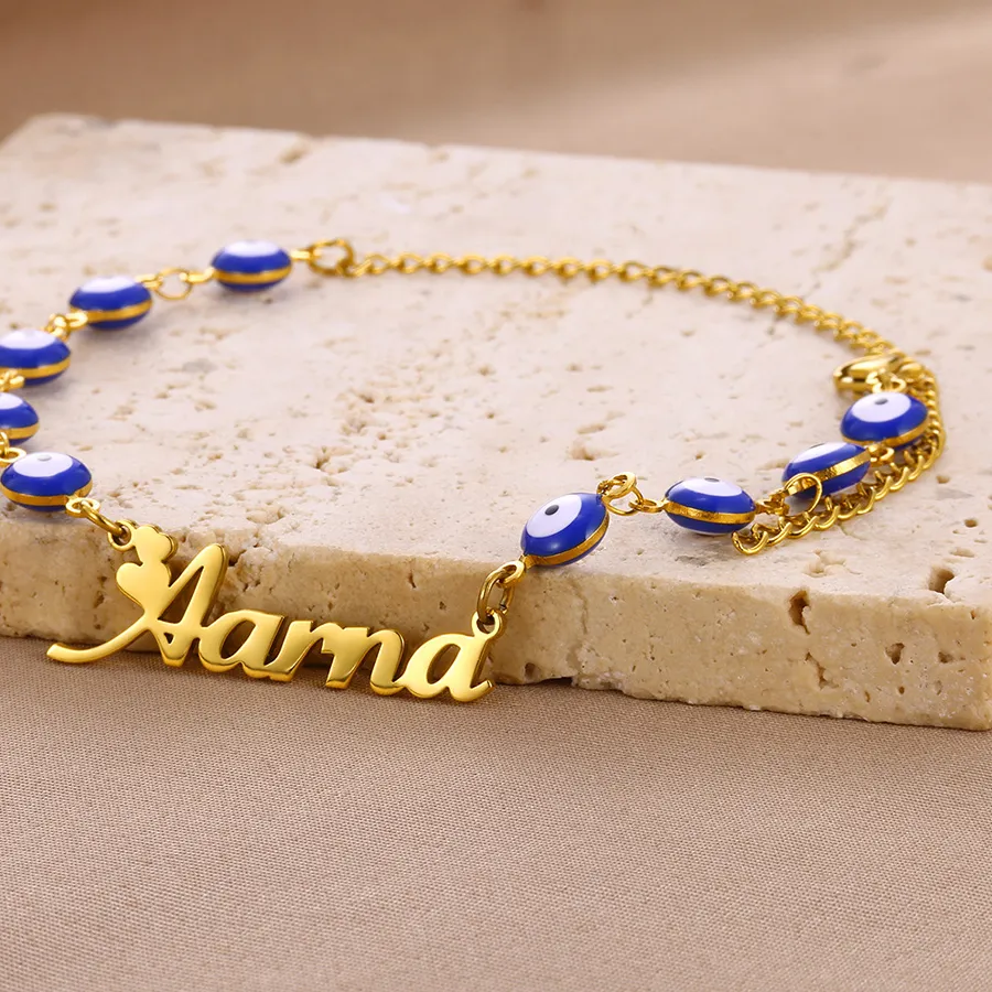 Authentic Custom Name Blue Evil Eye Bracelets Jewelry Personalized Gold Color Nameplate Bracelet Amulet