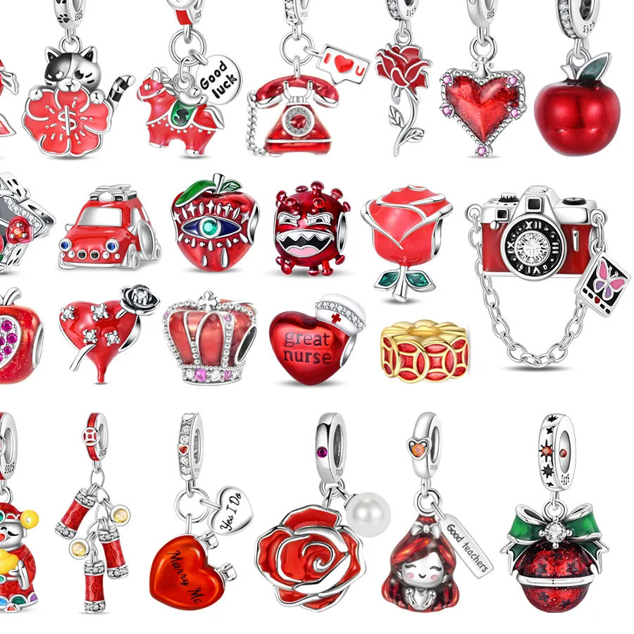 Authentic Red Series 925 Sterling Silver Camera Apple Heart- Shaped Koi Firecracker God Wealth Fit Diy Bracelet Necklace