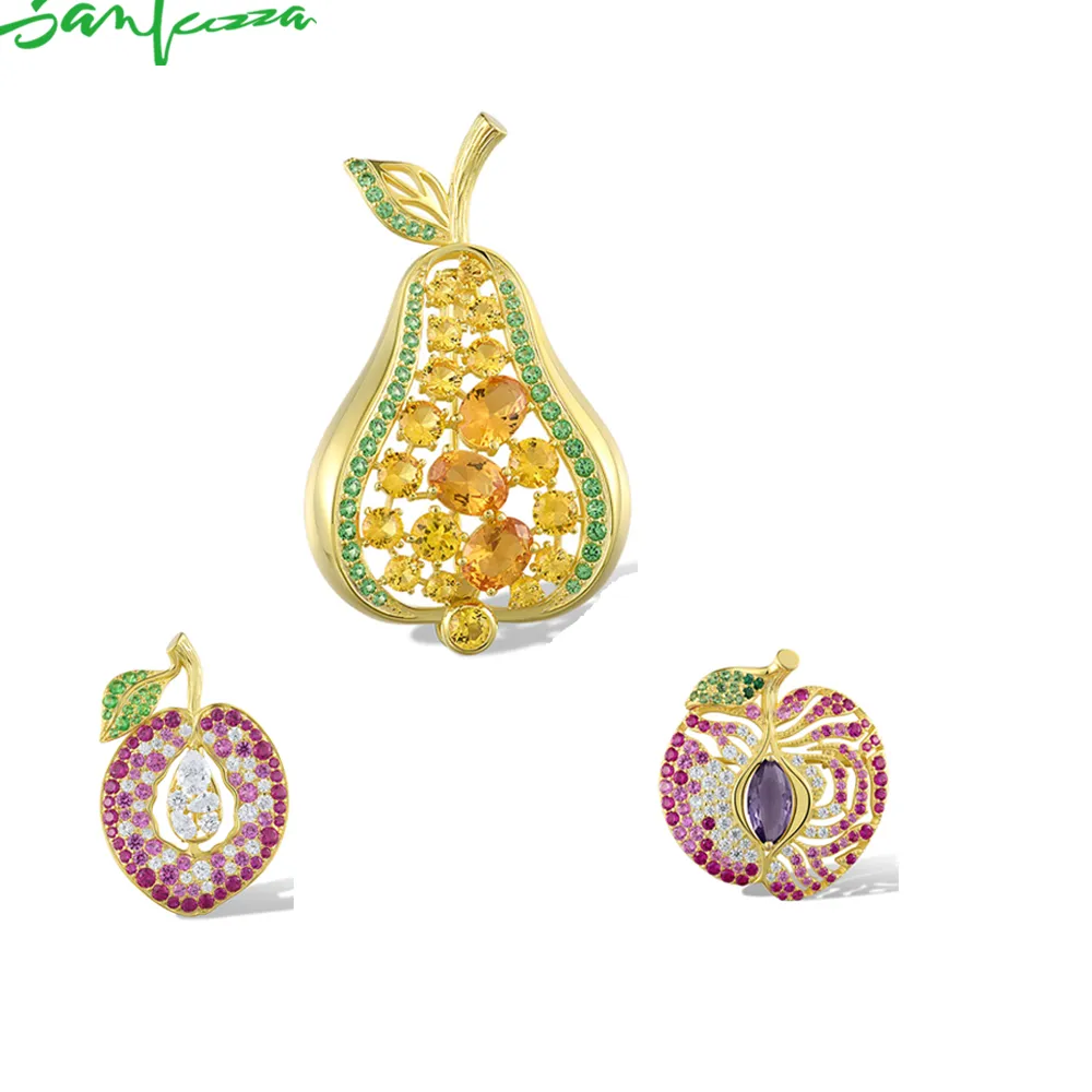 Authentic Santuzza Pure 925 Sterling Silver Fruit Brooch For Women Funy Pear Apple & Peach Colorful Crystal Elegant Fine Jewelry