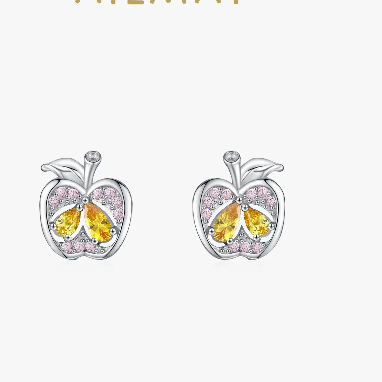 Authentic Ailmay Real 925 Sterling Silver Cute Fine Apple Rainbow Zirconia Fruit Stud Earrings For Women Girls Party Accessories Jewelry