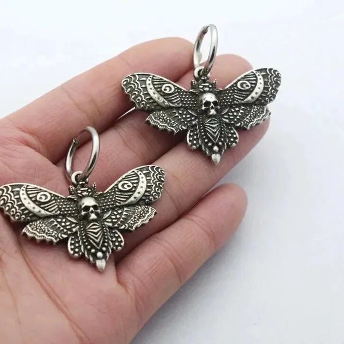 Authentic Gothic Vintage Moth Ear Hoops For Women Girls Pagan Witch Jewelry Accessories Moon Moth Charm Pendant Earrings