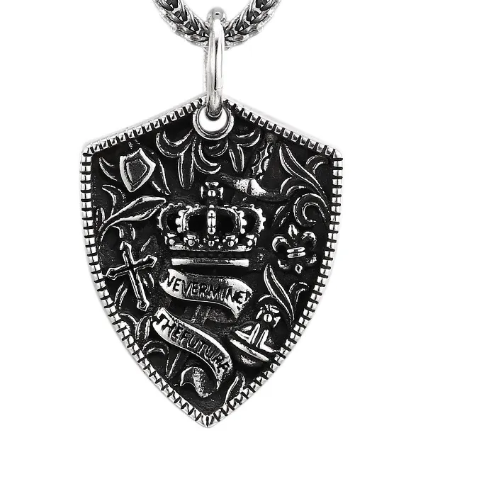 Authentic 925 Sterling Silver Crown Shield Pendant Necklace Antique Thai Silver Finish Vintage Jewelry