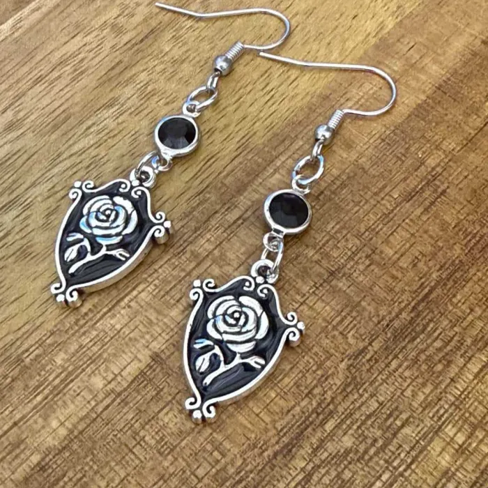 Authentic Midnight Bloom: Gothic Black Rose Shield Earrings