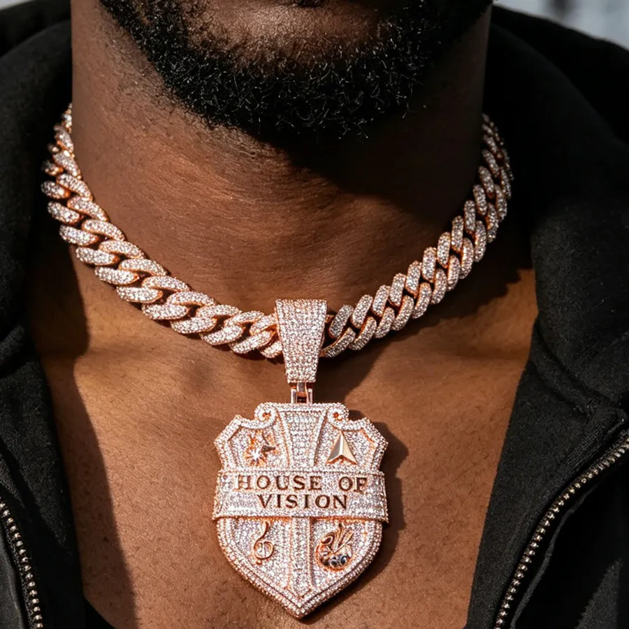 Authentic Iced Out multicolored CZ Hip Hop Necklace Charm Letter "HOUSE OF VISION" Shield Pendant For Men Wearing music festival gifts