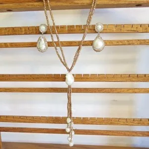 Authentic LUC Sterling Silver Rose Gold Plated Pearl Drop Lariat Necklace & Earring Set