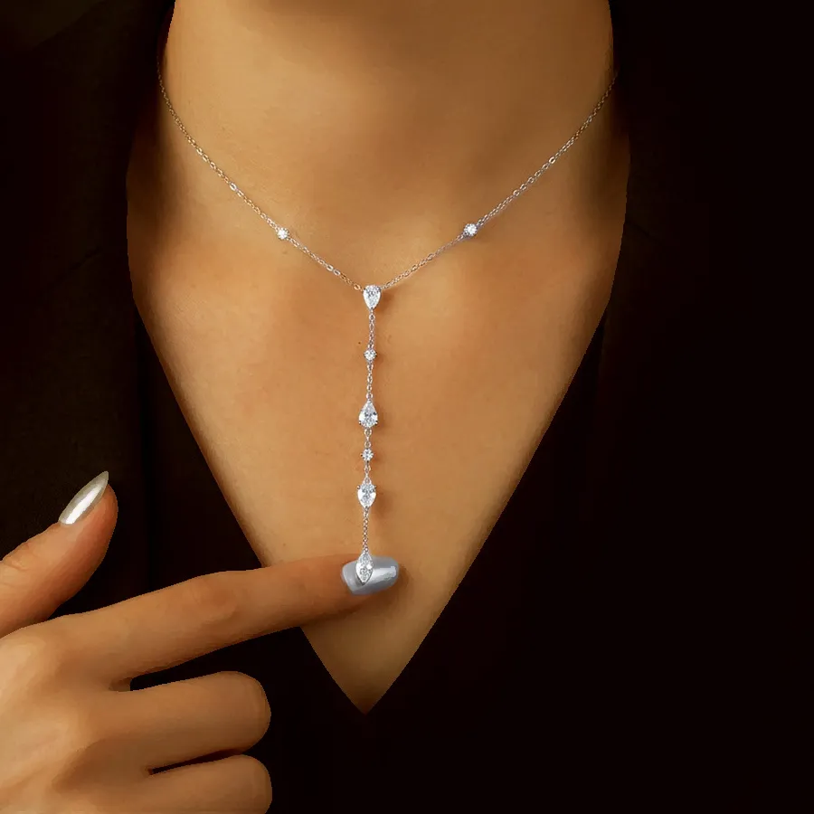 Authentic 925 Sterling Silver Moissanite Y Lariat Necklace Women Dainty Long Tassel Chain Water Drop Necklaces Wedding Jewelry