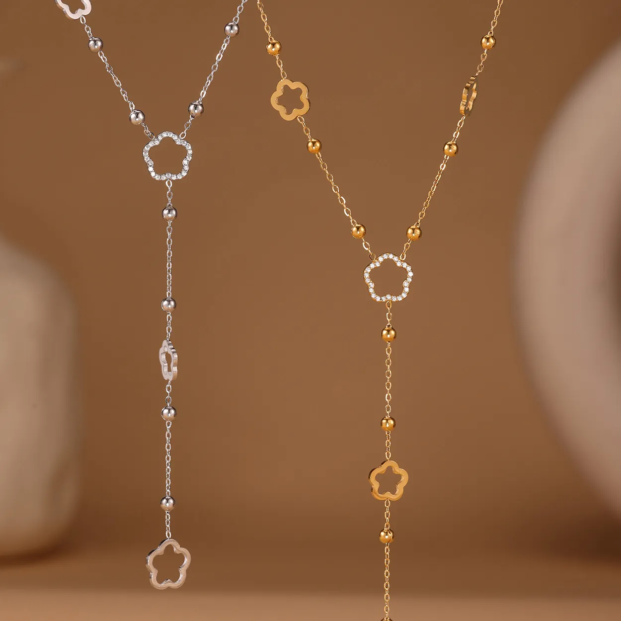 Authentic Nivora Flower Chain Stainless Steel Zircon Long Necklacs For Women PVD Gold Plated Metal Female Collar Party Wedding Jewelry