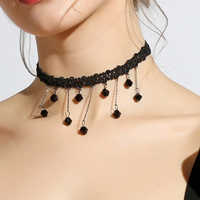 Authentic Short Black Crystal Pendant Necklace for Women Tassel Woven Lace Choker Sexy Pretty Neck Braided Band Necklace Adornment Necklac
