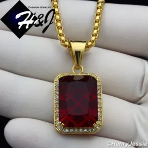 Authentic 24"MEN Stainless Steel 3mm Gold Plated Box Link Chain ICY Red CZ Pendant*GP98