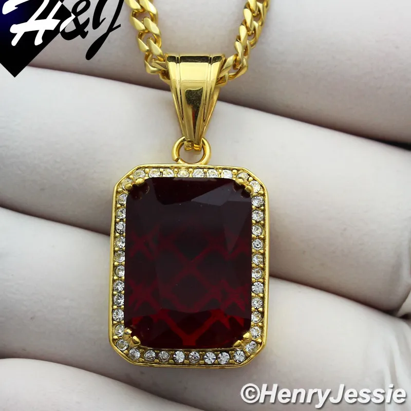 Authentic 18-36"MEN Stainless Steel 3mm Gold Plated Cuban Necklace ICY RED CZ Pendant*GP98
