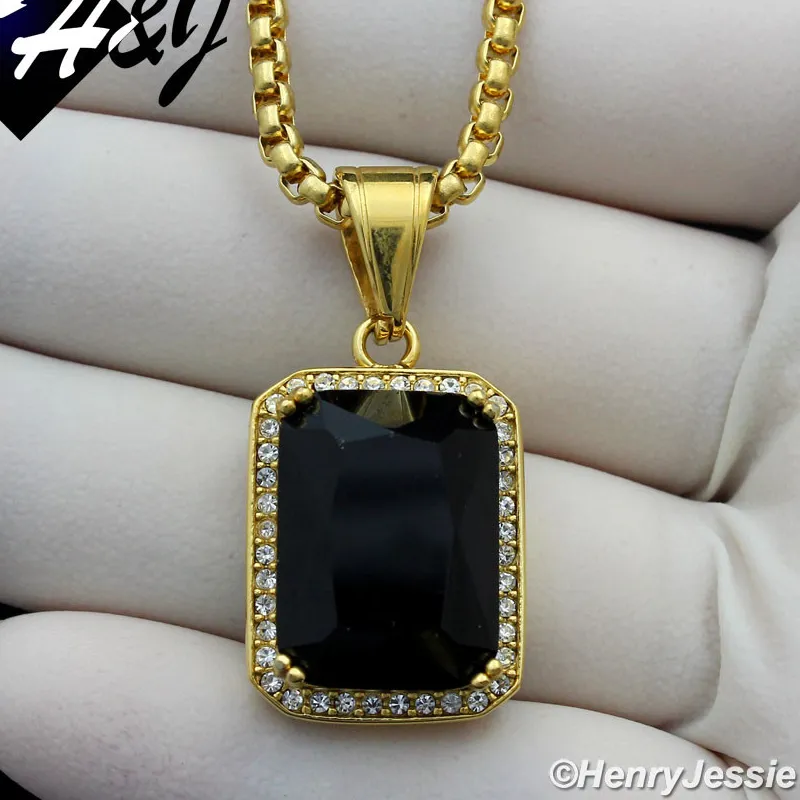 Authentic 18-36"MEN Stainless Steel 3mm Gold Plated Box Link Chain Black Onyx Pendant*GP98